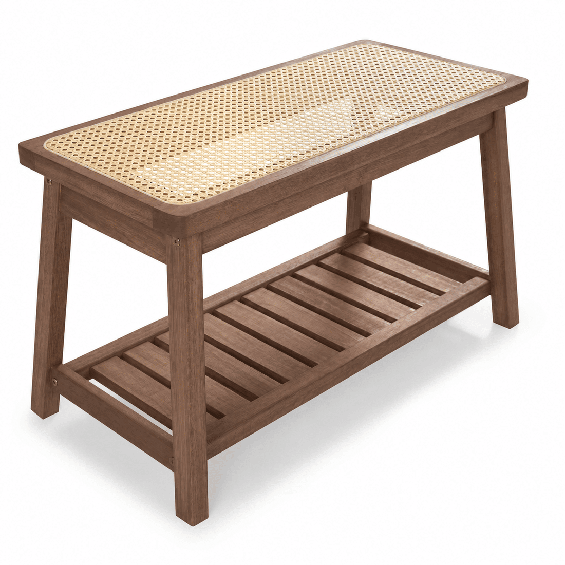 Banco Sapateira com Prateleira Ripada 75cm em Madeira Maciça e Rattan Cor Imbuia Banco Sapateira com Prateleira Ripada 75cm em Madeira Maciça e Rattan Cor Imbuia