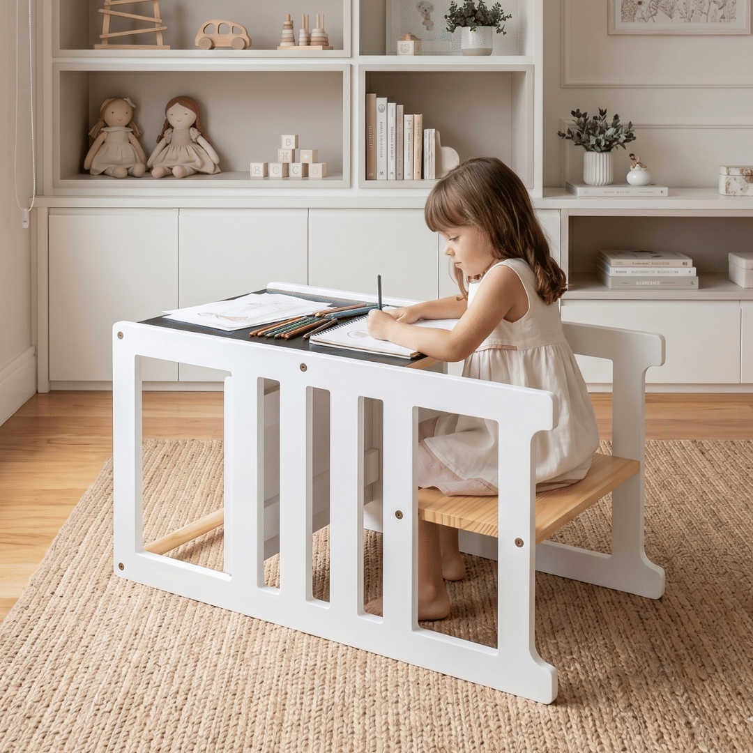 Torre de Aprendizagem Montessori 4 em 1 Branca Cadeirão Ajustável, Mesinha de Atividades, Quadro de Desenhos Torre de Aprendizagem Montessori 4 em 1 Branca Cadeirão Ajustável, Mesinha de Atividades, Quadro de Desenhos