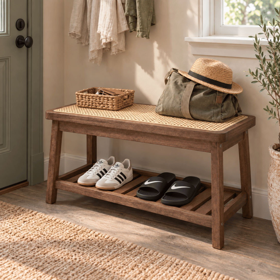 Banco Sapateira com Prateleira Ripada 75cm em Madeira Maciça e Rattan Cor Imbuia Banco Sapateira com Prateleira Ripada 75cm em Madeira Maciça e Rattan Cor Imbuia