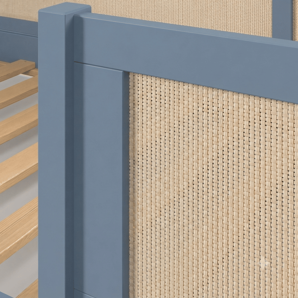 Cama Infantil de Solteiro Montessori Azul Com Rattan