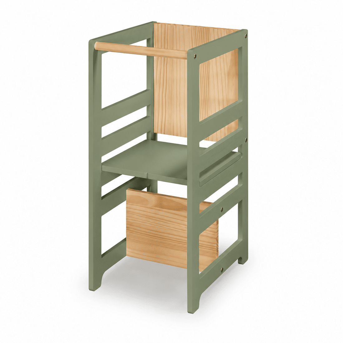 Torre de Aprendizagem Montessori 4 em 1 Verde Oliva Cadeirão Ajustável, Mesinha de Atividades, Quadro de Desenhos