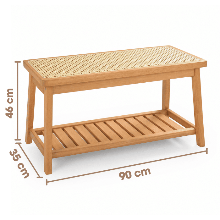 Banco Sapateira com Prateleira Ripada 90cm em Madeira Maciça e Rattan Cor Pitanga Banco Sapateira com Prateleira Ripada 90cm em Madeira Maciça e Rattan Cor Pitanga