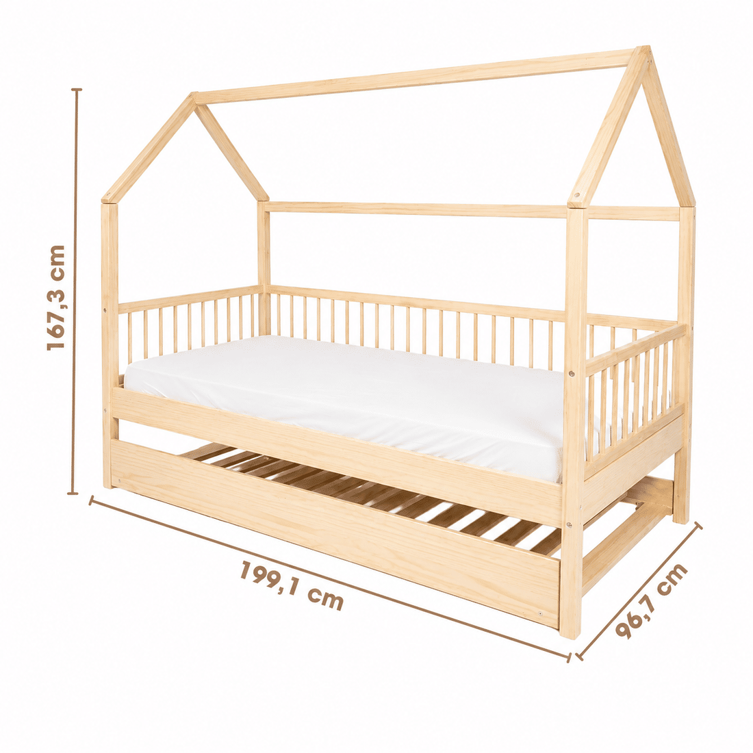 Cama Infantil Casinha Com Cama Auxiliar Bloomie em Madeira Maciça Pinus Natural Cama Infantil Casinha Com Cama Auxiliar Bloomie em Madeira Maciça Pinus Natural