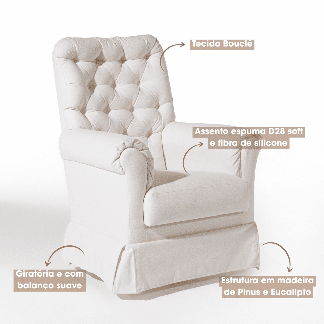 Poltrona de Amamentação Mommy com Balanço e Puff Bouclé Branco Poltrona de Amamentação Mommy com Balanço e Puff Bouclé Branco