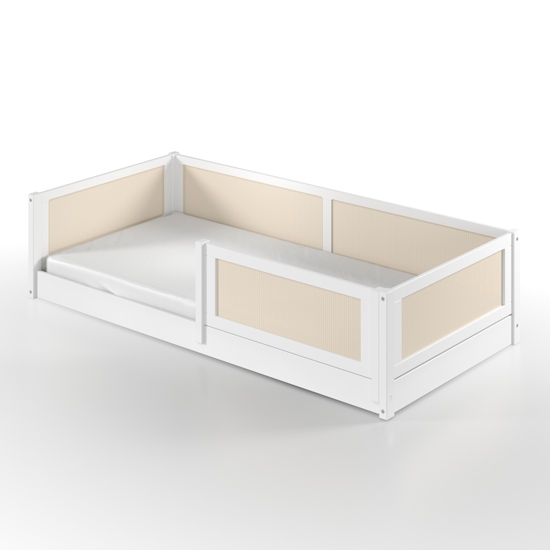 Cama Infantil de Solteiro Montessori Branca Com Rattan