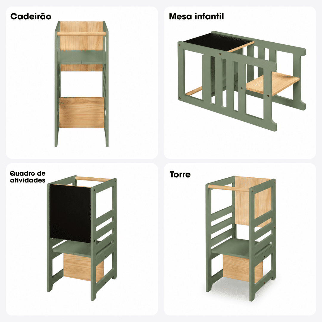 Torre de Aprendizagem Montessori 4 em 1 Verde Oliva Cadeirão Ajustável, Mesinha de Atividades, Quadro de Desenhos Torre de Aprendizagem Montessori 4 em 1 Verde Oliva Cadeirão Ajustável, Mesinha de Atividades, Quadro de Desenhos