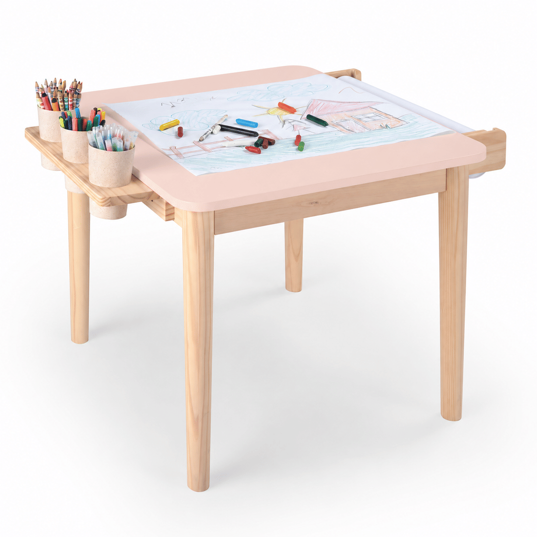 Mesa Infantil Quadrada de Madeira Maciça 61cm Rosa com Porta-Lápis e Suporte para Papel Mesa Infantil Quadrada de Madeira Maciça 61cm Rosa com Porta-Lápis e Suporte para Papel