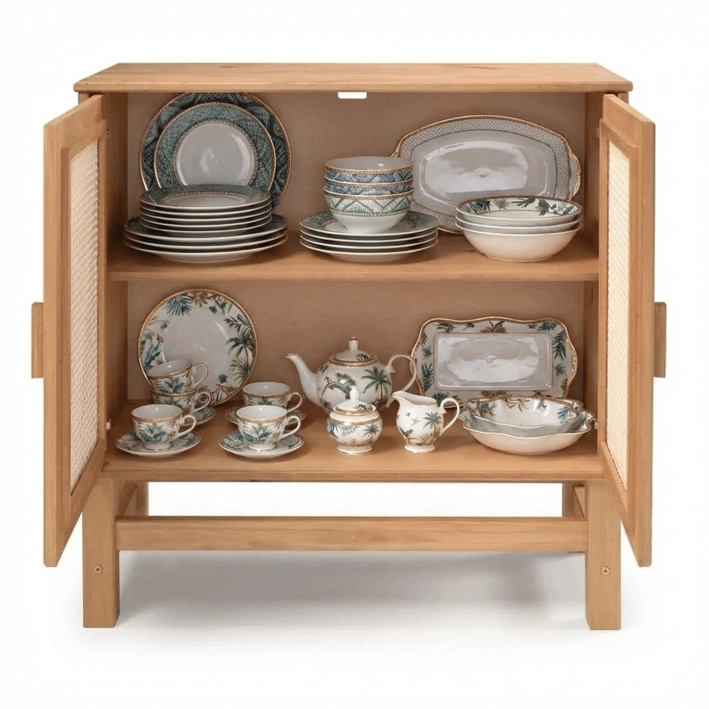 Balcão Buffet Nature em Madeira e Rattan Natural 02 Portas