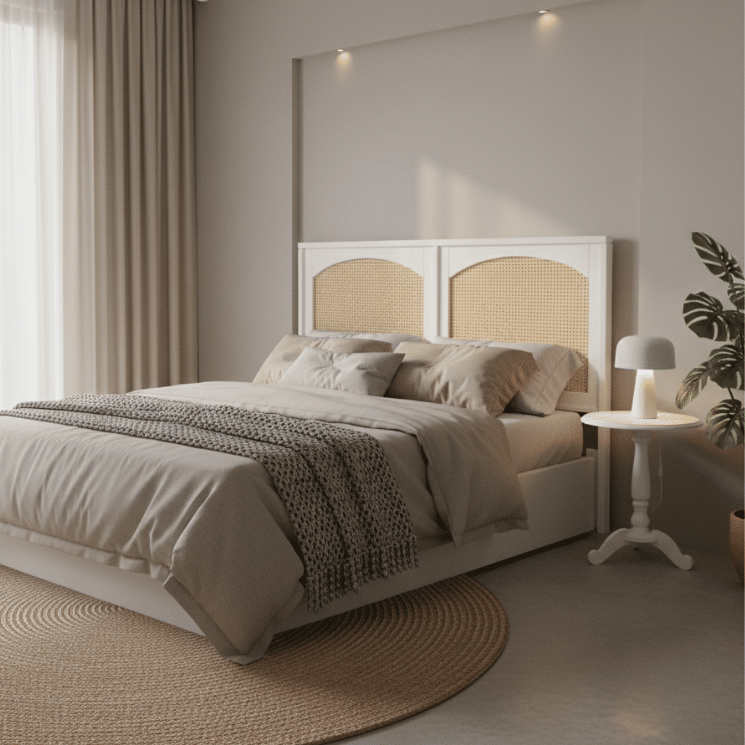 Cabeceira de Cama CASAL 146cm Arcs Madeira e Rattan na Cor Branca Cabeceira de Cama CASAL 146cm Arcs Madeira e Rattan na Cor Branca