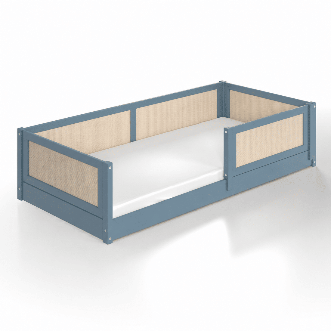 Cama Infantil de Solteiro Montessori Azul Com Rattan Cama Infantil de Solteiro Montessori Azul Com Rattan