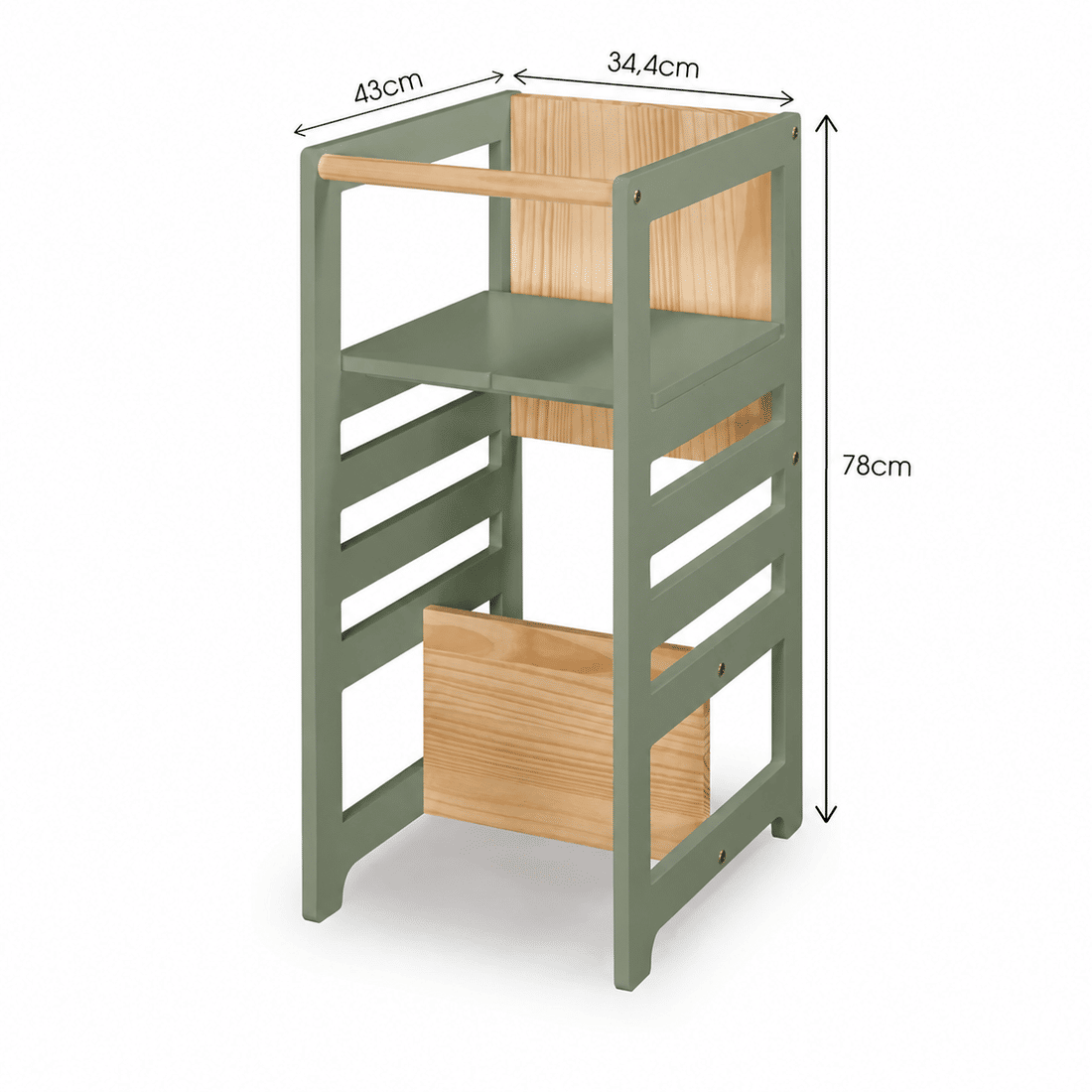 Torre de Aprendizagem Montessori 4 em 1 Verde Oliva Cadeirão Ajustável, Mesinha de Atividades, Quadro de Desenhos