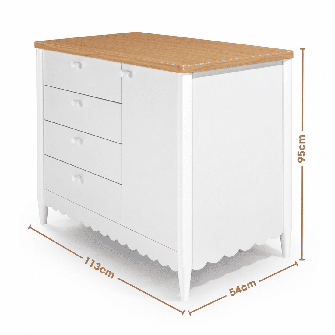Cômoda Pop 4 Gavetas e 1 Porta em Madeira Maciça Branca com Tampo Mel Cômoda Pop 4 Gavetas e 1 Porta em Madeira Maciça Branca com Tampo Mel