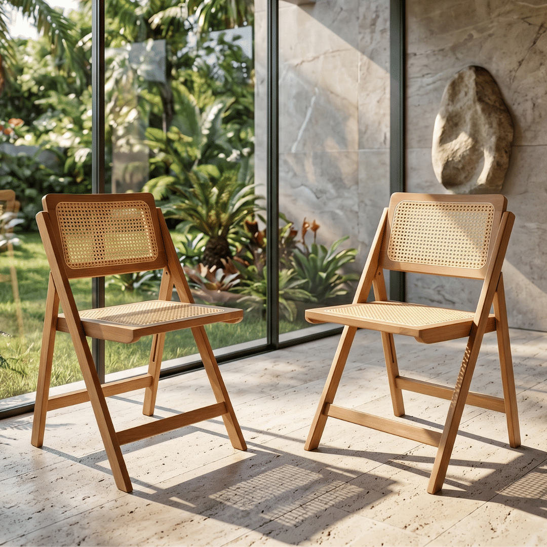 Kit 2 Cadeiras Dobráveis em Madeira de Eucalipto com Assento e Encosto em Rattan Natural Cor Pitanga Kit 2 Cadeiras Dobráveis em Madeira de Eucalipto com Assento e Encosto em Rattan Natural Cor Pitanga