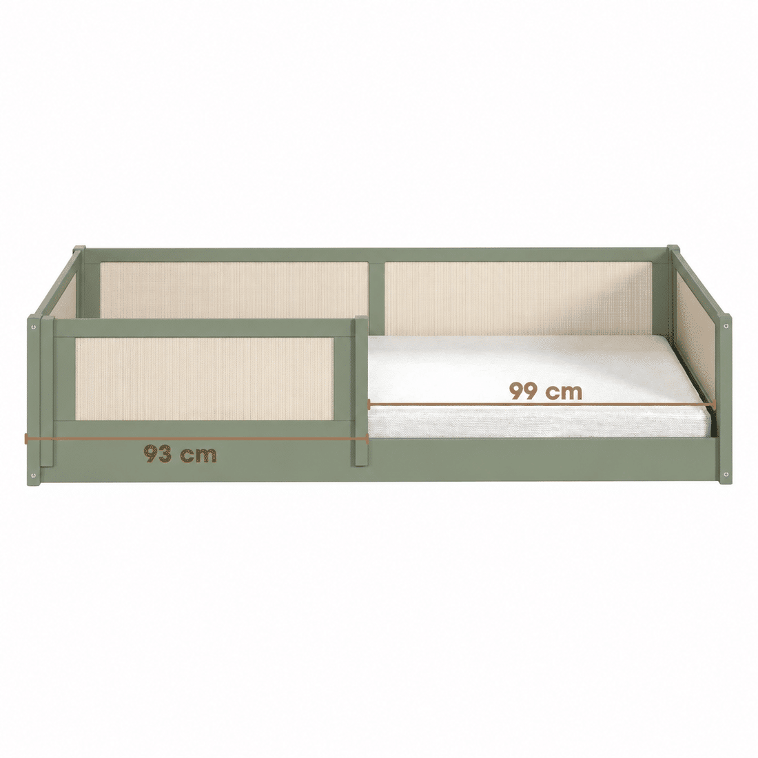 Cama Infantil de Solteiro Montessori Verde Oliva Com Rattan