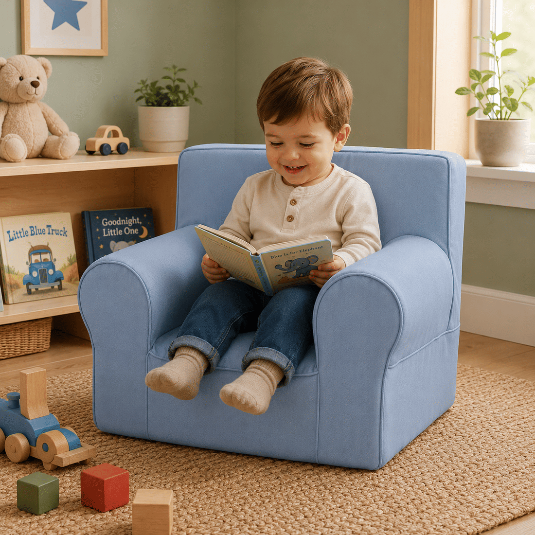 Mini Sofá Poltrona Infantil Azul de Espuma com Alça de Transporte e Capa Lavável Mini Sofá Poltrona Infantil Azul de Espuma com Alça de Transporte e Capa Lavável