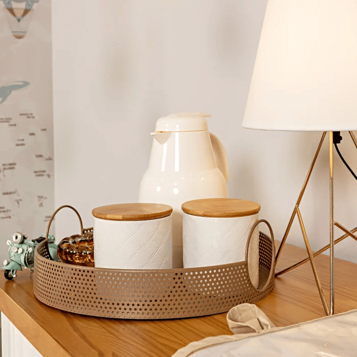 Pote Porta Algodão Cotonete Organizador Objetos Cerâmica com colchão Tampa de Bambu Kit Higiene Bebê