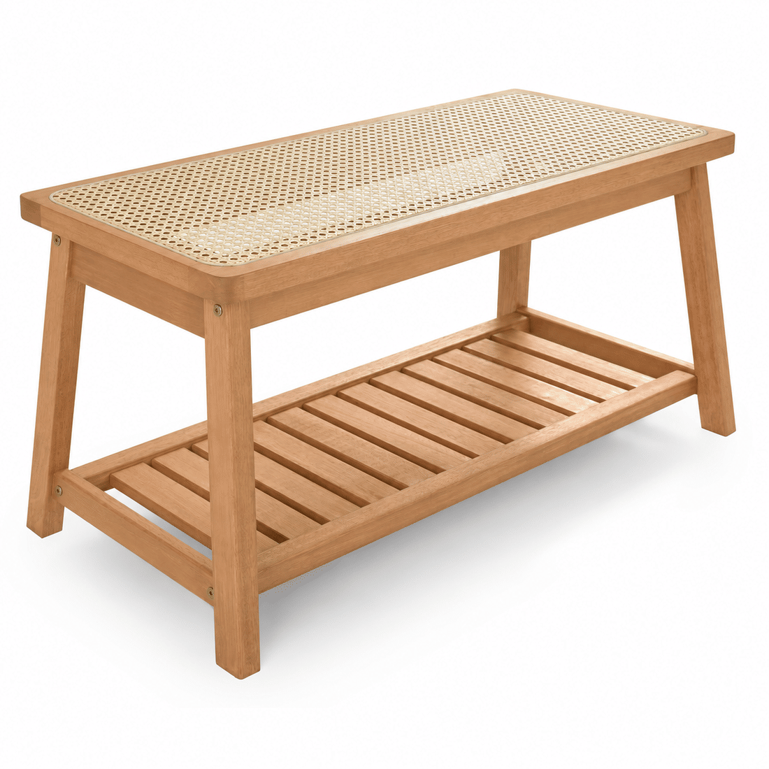 Banco Sapateira com Prateleira Ripada 90cm em Madeira Maciça e Rattan Cor Pitanga Banco Sapateira com Prateleira Ripada 90cm em Madeira Maciça e Rattan Cor Pitanga