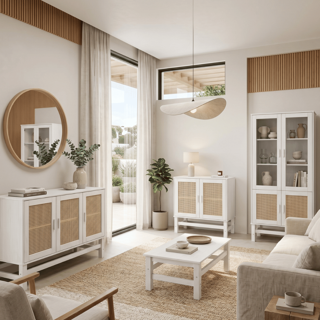 Cristaleira Nature em Madeira, Vidro e Rattan 04 Portas na Cor Branca