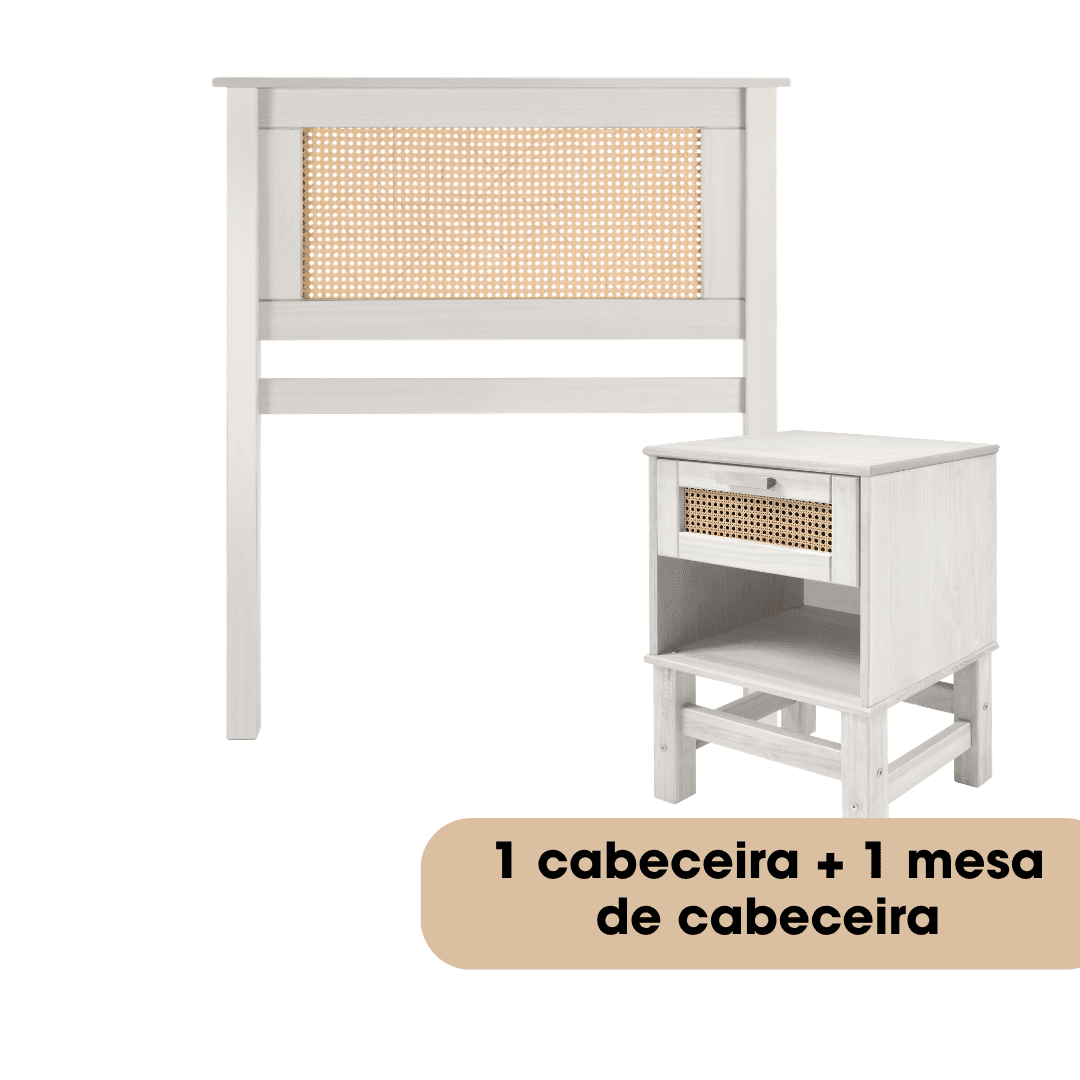 Kit Cabeceira SOLTEIRO + Mesa de Cabeceira Gaveta e Nicho de Rattan Nature na Cor Branca
