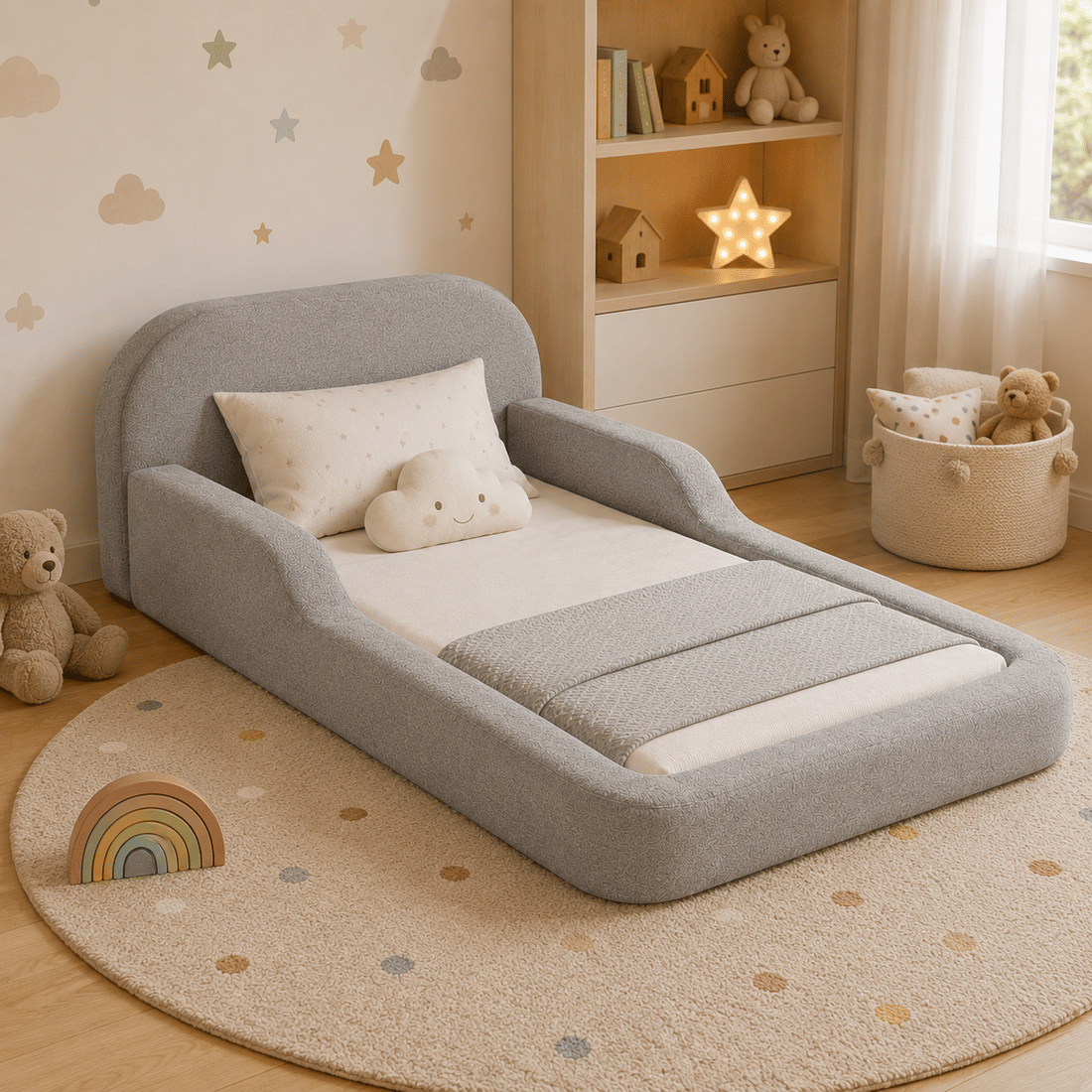 Cama Infantil de Solteiro Montessori em Espuma D28 Bouclé Cinza com Colchão Cama Infantil de Solteiro Montessori em Espuma D28 Bouclé Cinza com Colchão