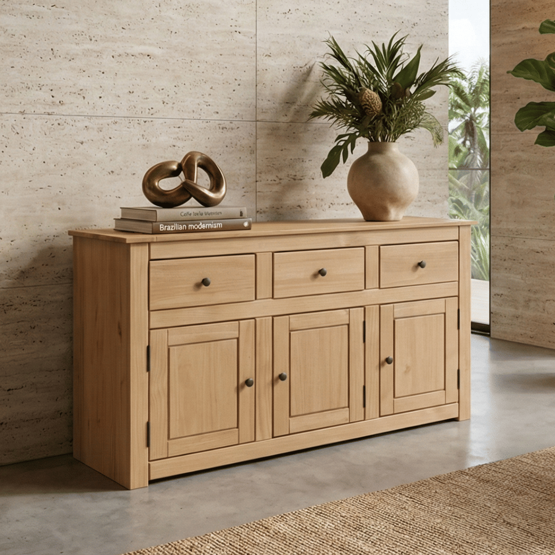 Balcão Buffet de Madeira Maciça com 3 Gavetas e 3 Portas Design Clássico Balcão Buffet de Madeira Maciça com 3 Gavetas e 3 Portas Design Clássico