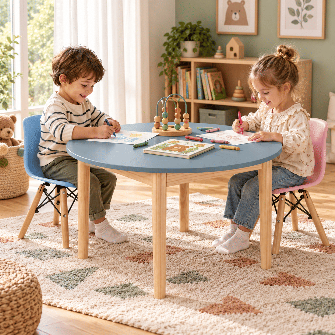 Mesa Infantil Redonda de Madeira Maciça 80cm Azul Mesa Infantil Redonda de Madeira Maciça 80cm Azul