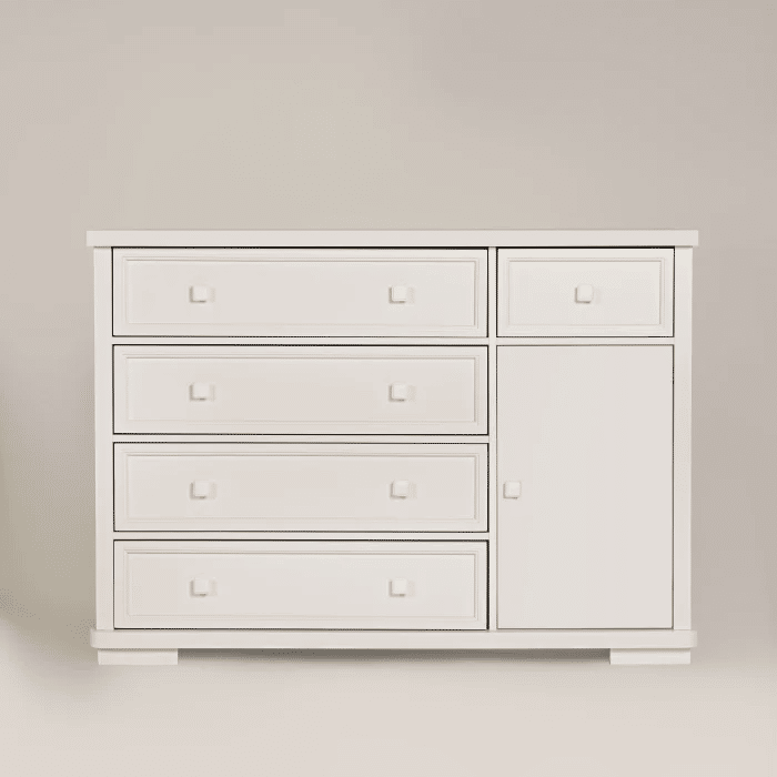 Cômoda Encanto 5 Gavetas e Porta Fechada Branca com Tampo Branco