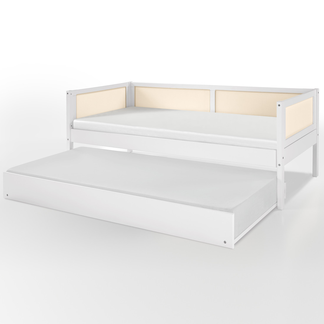 Cama de Solteiro com Cama Auxiliar na Cor Branca Com Rattan