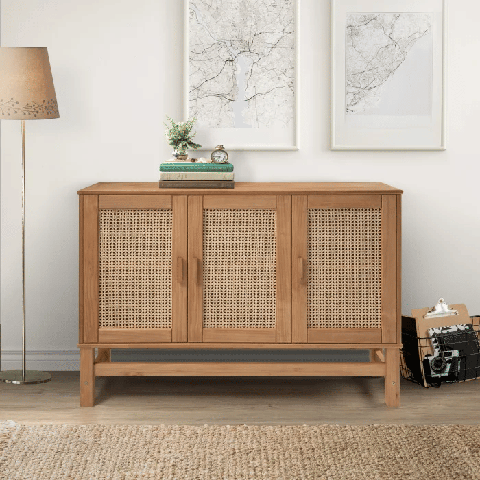 Balcão Buffet Nature em Madeira e Rattan Natural 03 Portas