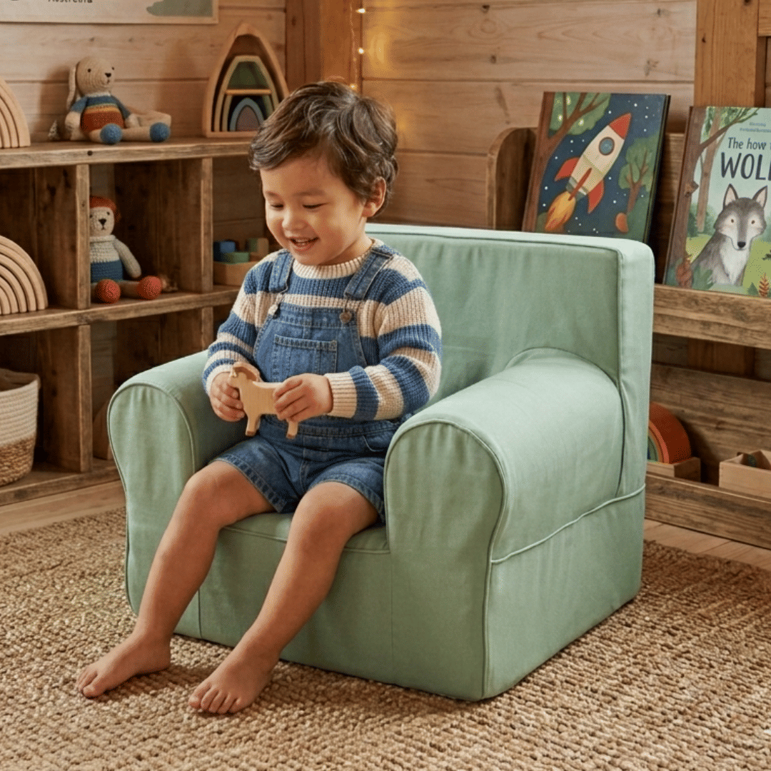 Mini Sofá Poltrona Infantil Verde de Espuma com Alça de Transporte e Capa Lavável