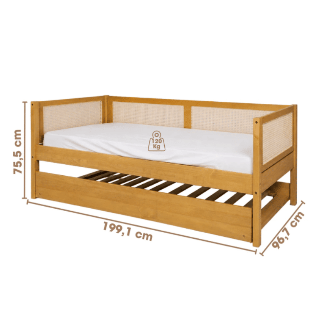 Cama de Solteiro com Cama Auxiliar em Madeira Maciça Pinus Mel Com Rattan Natural Cama de Solteiro com Cama Auxiliar em Madeira Maciça Pinus Mel Com Rattan Natural
