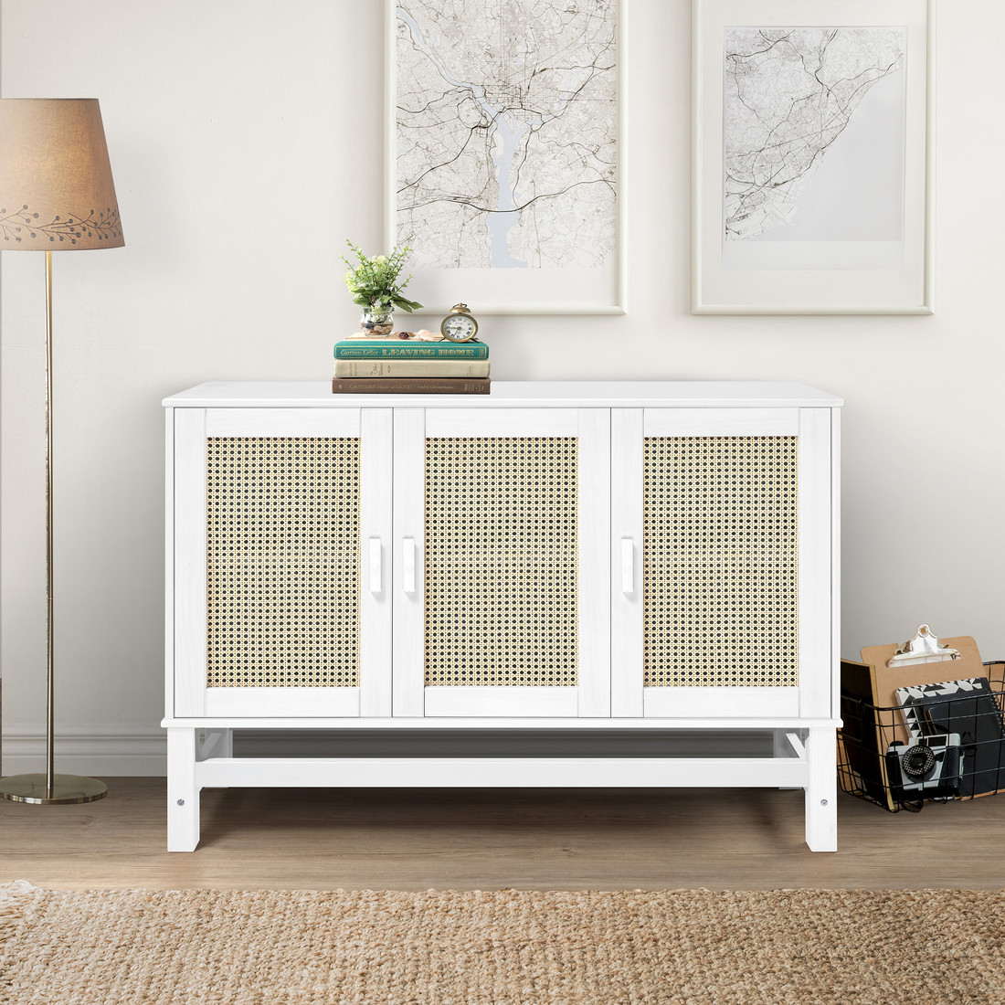 Balcão Buffet Nature em Madeira e Rattan Natural 03 Portas na Cor Branca