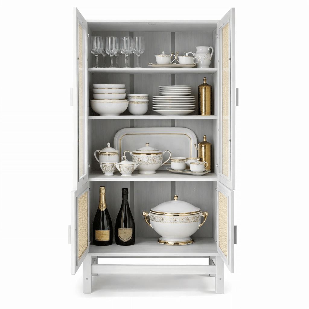 Cristaleira Nature em Madeira, Vidro e Rattan 04 Portas na Cor Branca