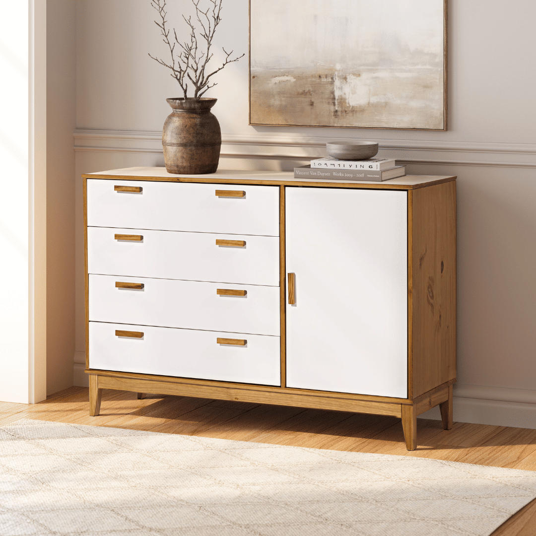 Cômoda Alamo 4 Gavetas e 1 Porta em Madeira Natural + Branco Cômoda Alamo 4 Gavetas e 1 Porta em Madeira Natural + Branco