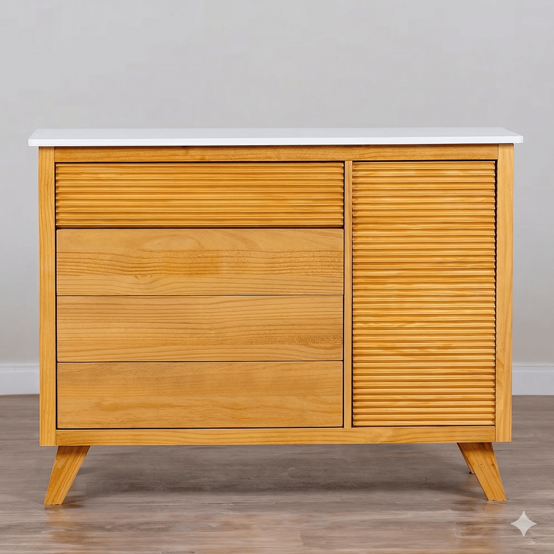 Cômoda Zig 4 Gavetas e 1 Porta de Madeira Maciça Mel com Tampo Branco Cômoda Zig 4 Gavetas e 1 Porta de Madeira Maciça Mel com Tampo Branco