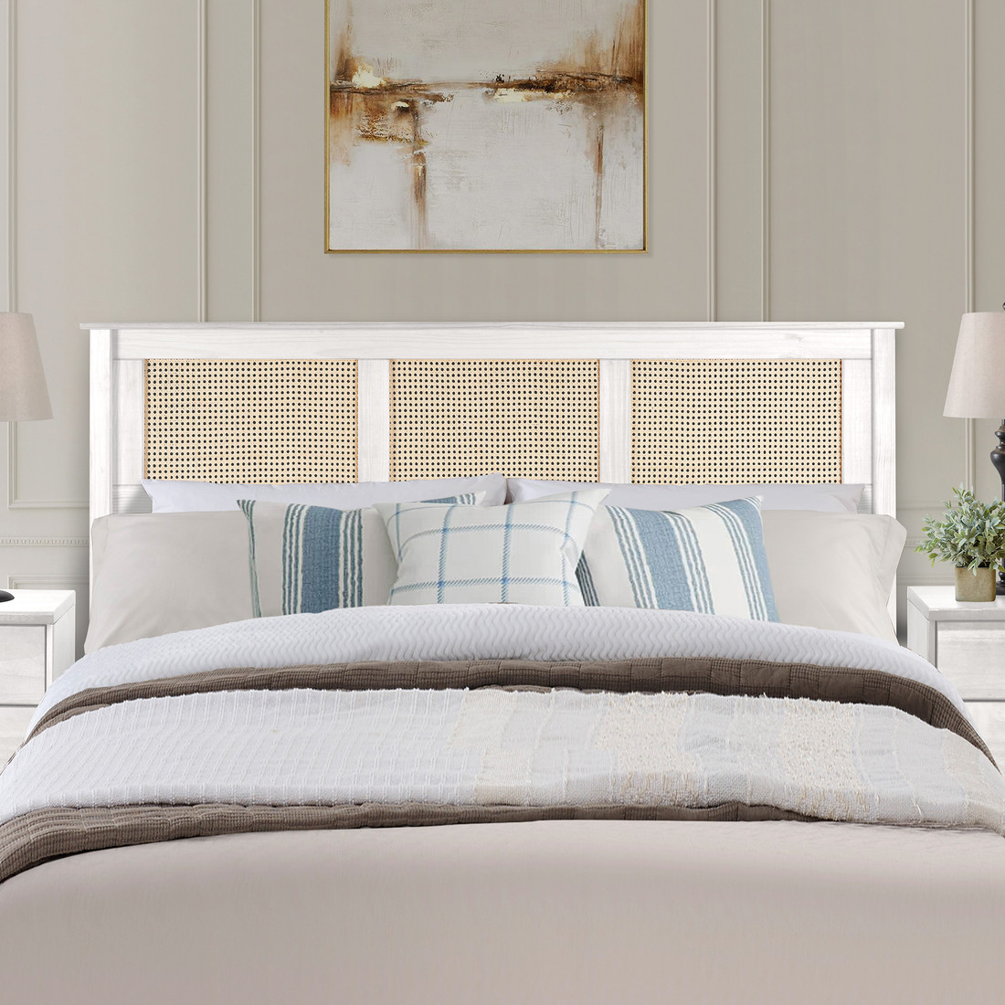 Kit Cabeceira KING + Mesa de Cabeceira 2 Gavetas de Rattan Nature na Cor Branca