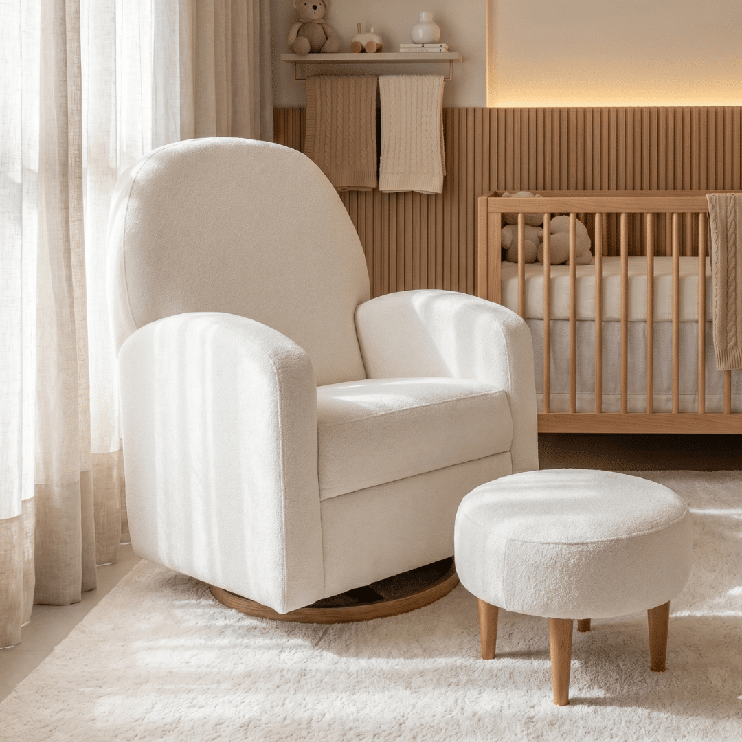 Poltrona de Amamentação Nina Giratória com Balanço e Puff Bouclé Branco Poltrona de Amamentação Nina Giratória com Balanço e Puff Bouclé Branco