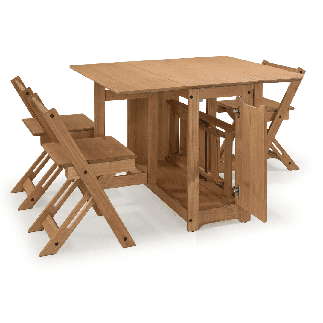 Mesa Dobrável Borboleta com 4 Cadeiras em Madeira Maciça de Pinus Cera