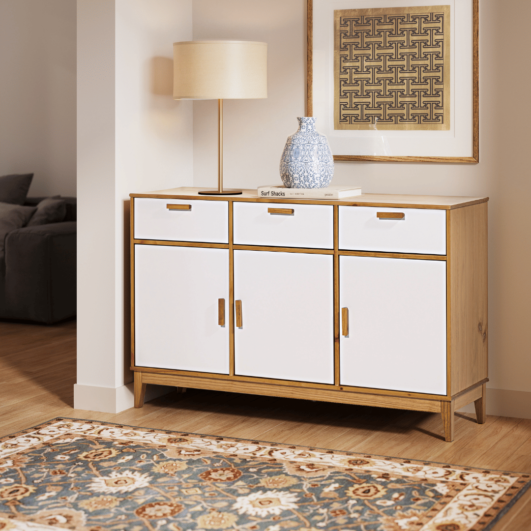 Balcão Alamo 3 Portas e 3 Gavetas em Madeira Natural + Branco