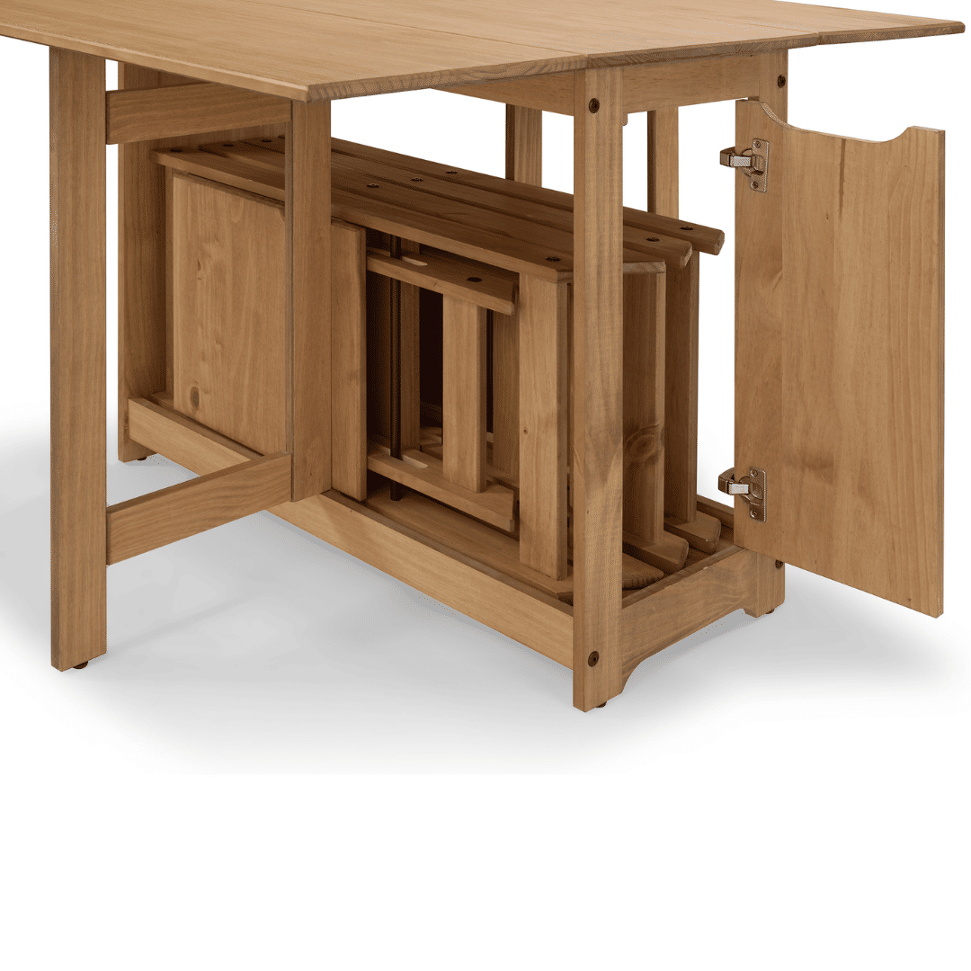 Mesa Dobrável Borboleta com 4 Cadeiras em Madeira Maciça de Pinus Cera