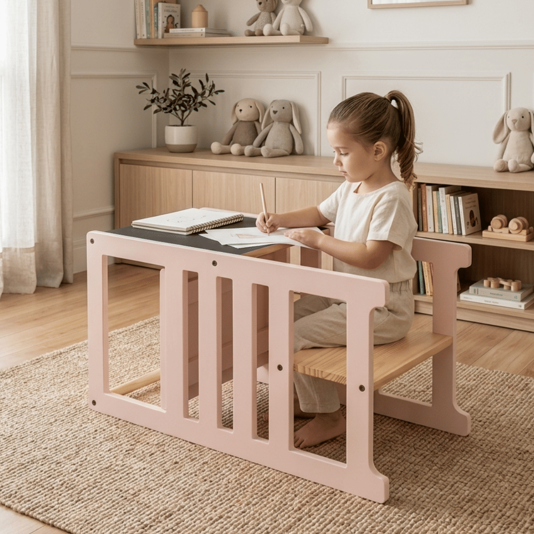 Torre de Aprendizagem Montessori 4 em 1 Rosa Cadeirão Ajustável, Mesinha de Atividades, Quadro de Desenhos Torre de Aprendizagem Montessori 4 em 1 Rosa Cadeirão Ajustável, Mesinha de Atividades, Quadro de Desenhos