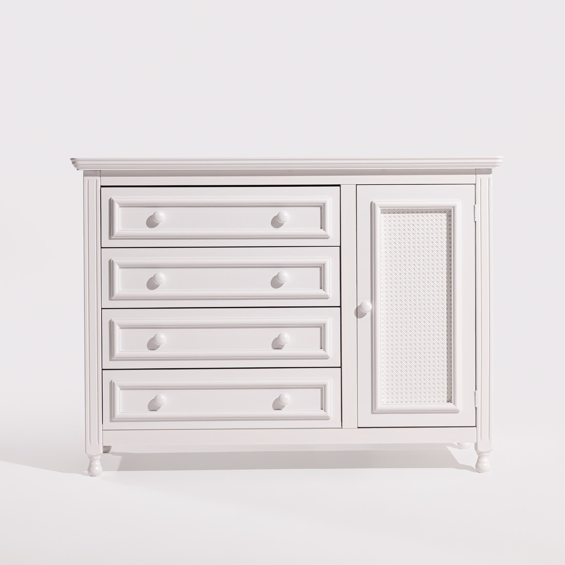 Kit Feliz Berço 2 em 1 e Cômoda 4 Gavetas e 1 Porta com Rattan em Madeira Maciça Branco Kit Feliz Berço 2 em 1 e Cômoda 4 Gavetas e 1 Porta com Rattan em Madeira Maciça Branco