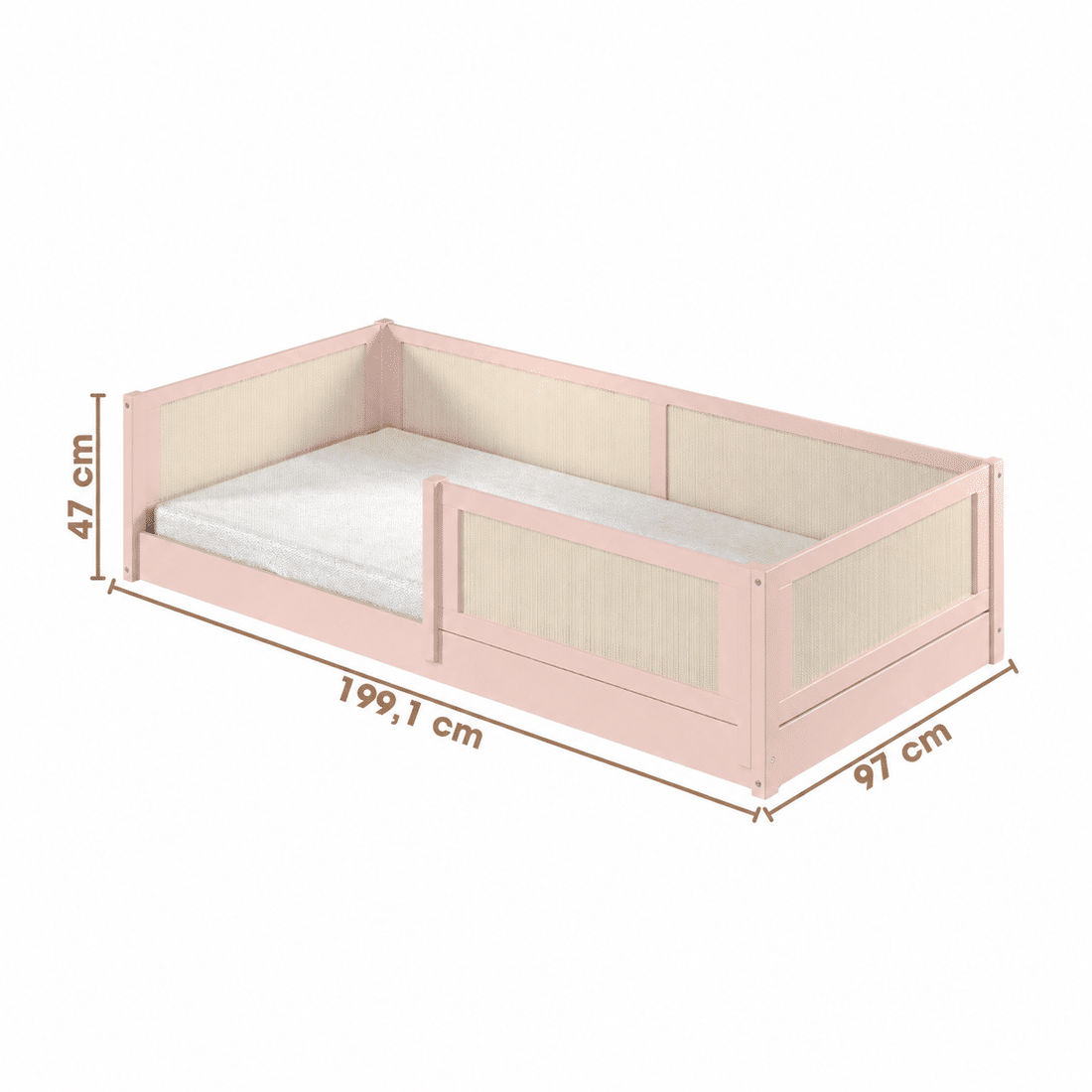 Cama Infantil de Solteiro Montessori Rosa Com Rattan