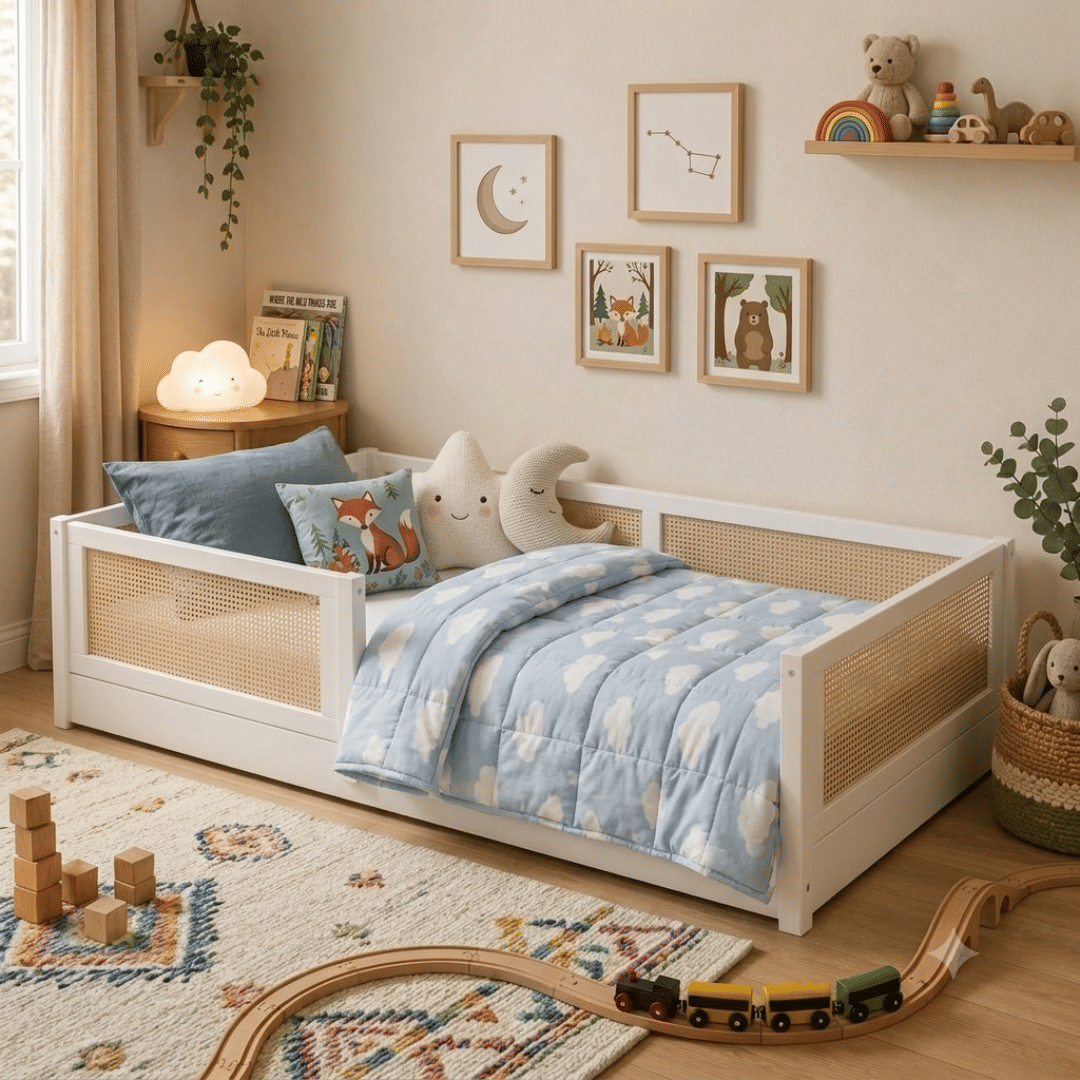 Cama Infantil de Solteiro Montessori Branca Com Rattan