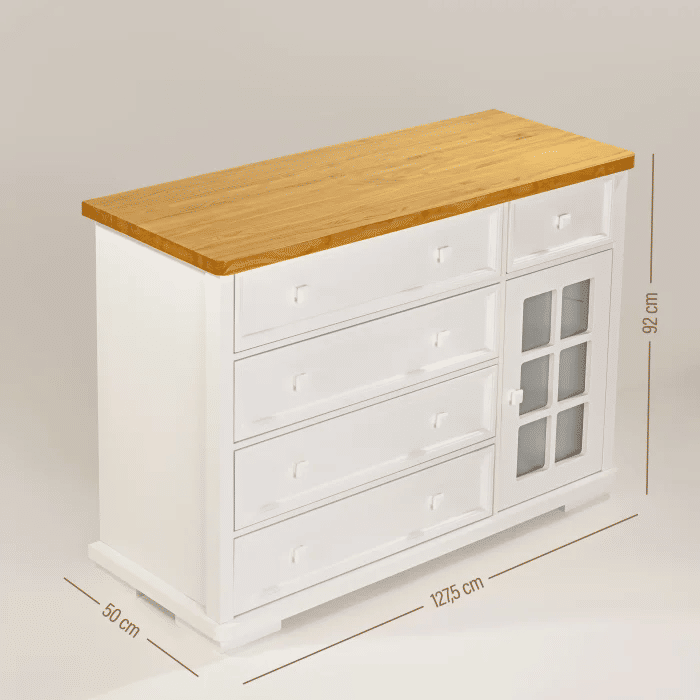 Kit Encanto Berço 2 em 1 e Cômoda 4 Gavetas e 1 Porta com Vidro em Madeira Maciça Branco + Mel Kit Encanto Berço 2 em 1 e Cômoda 4 Gavetas e 1 Porta com Vidro em Madeira Maciça Branco + Mel