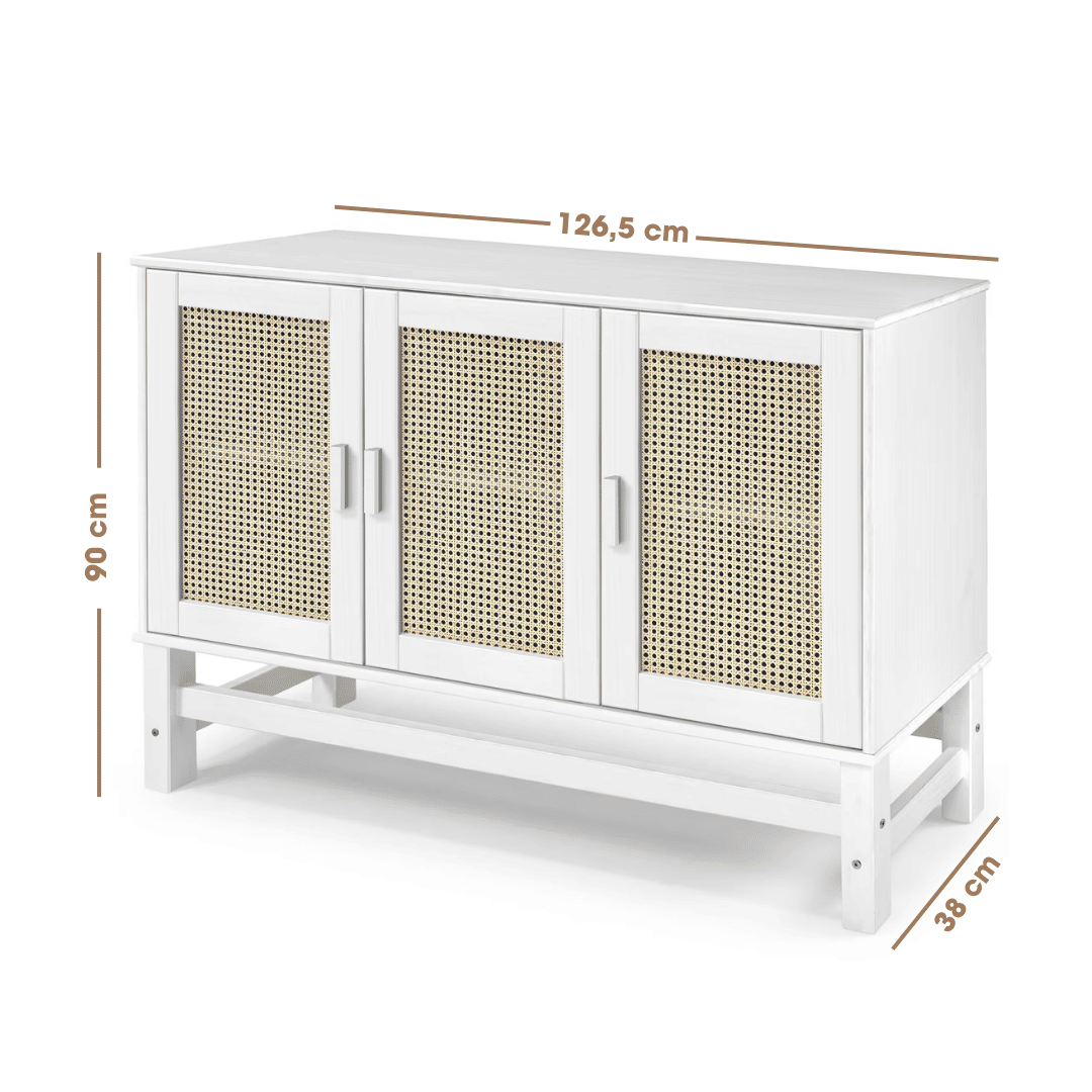 Balcão Buffet Nature em Madeira e Rattan Natural 03 Portas na Cor Branca