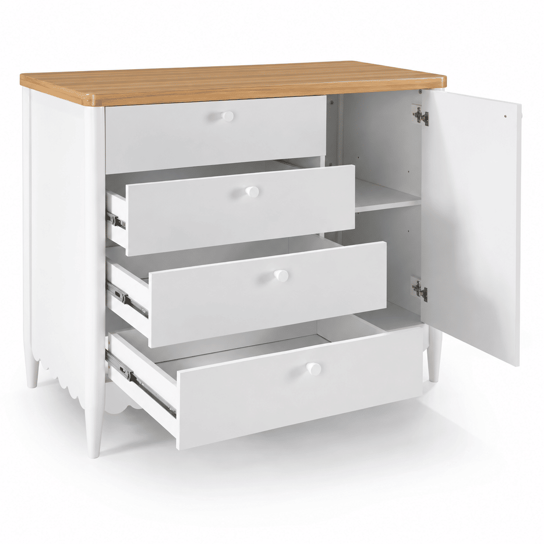 Cômoda Pop 4 Gavetas e 1 Porta em Madeira Maciça Branca com Tampo Mel Cômoda Pop 4 Gavetas e 1 Porta em Madeira Maciça Branca com Tampo Mel