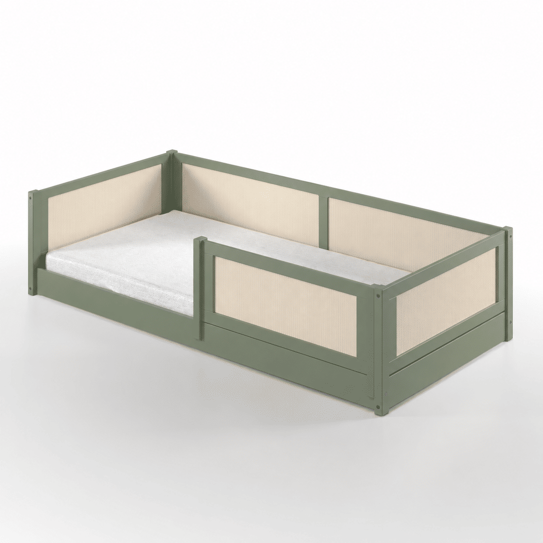 Cama Infantil de Solteiro Montessori Verde Oliva Com Rattan