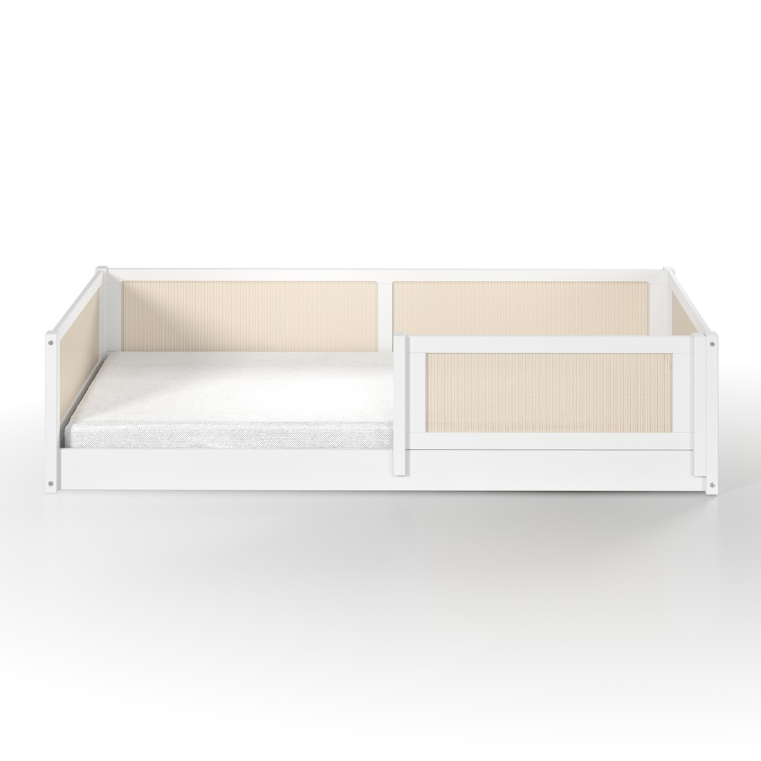 Cama Infantil de Solteiro Montessori em Madeira Maciça Pinus Branca Com Rattan Cama Infantil de Solteiro Montessori em Madeira Maciça Pinus Branca Com Rattan