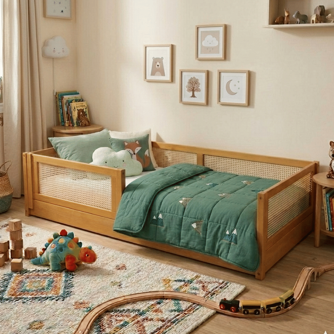 Cama Infantil de Solteiro Montessori em Madeira Maciça Pinus Mel Com Rattan Natural Cama Infantil de Solteiro Montessori em Madeira Maciça Pinus Mel Com Rattan Natural